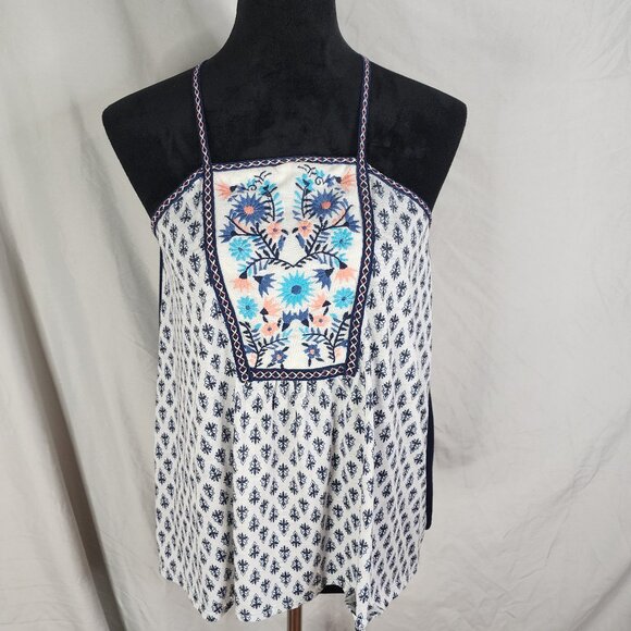 JOLT Size Medium Blue Floral Boho Beach Square Neck Pleated Strappy Tank Top EUC - Picture 1 of 9